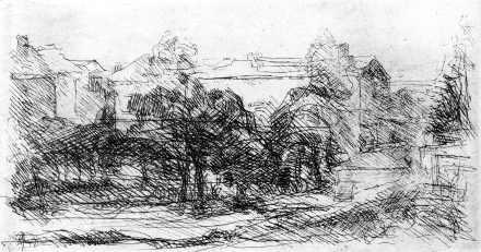 Piccola periferia a Bologna (acquaforte acidata da Giorgio Morandi, 1951, cm 13,3 x 7)