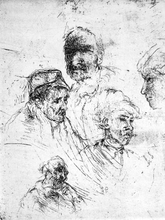 Studio di teste (acquaforte, 1951, cm 13,5 x 17,7)