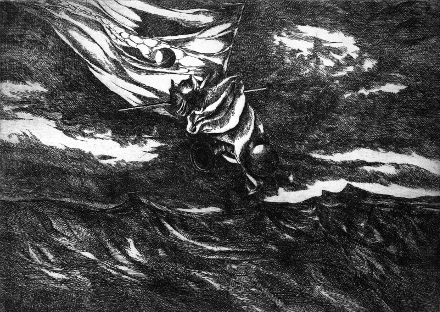 Onda inquietante di densa acqua notturna (acquaforte, 1966, cm 32,3 x 23,1)