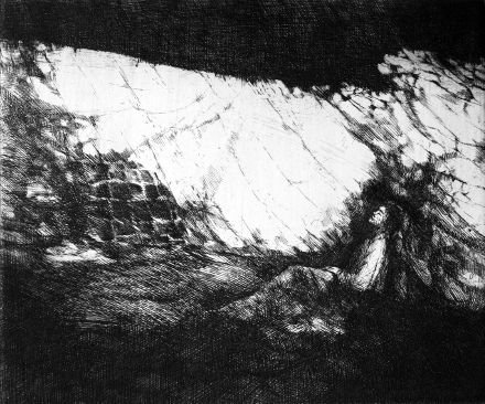 Meditazione (acquaforte, 1968, cm 30 x 24,5)