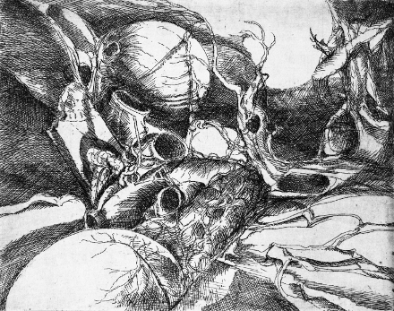 Il cuore batte sulla terra dei fiori (acquaforte, 1976, cm 19 x 15)