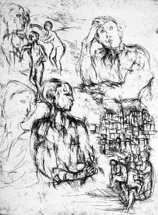 Foglio di studi (acquaforte, 1955, cm 17,8 x 23,4)