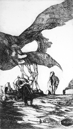 Il vento sulla collina (acquaforte, 1962, cm 16,8 x 28,5)