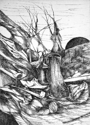 Composizione (acquaforte, 1962, cm 21,6 x 29,8)