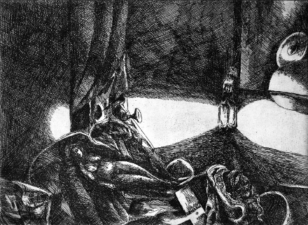 Composizione nell'ombra (acquaforte, 1966, cm 24,6 x 17,8)