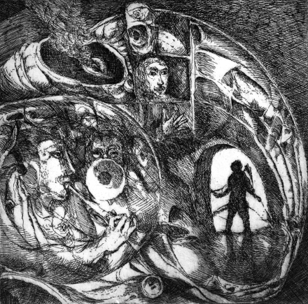 Jazz notte (acquaforte, 1970, cm 17,8 x 17,4)