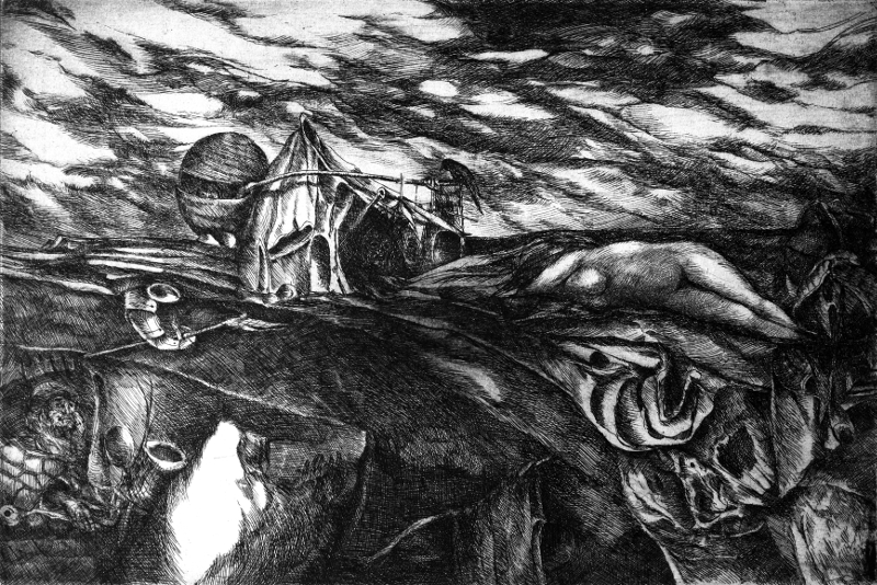 Ricordo un silenzio triste del cielo (acquaforte, 1966, cm 34,5 x 23)